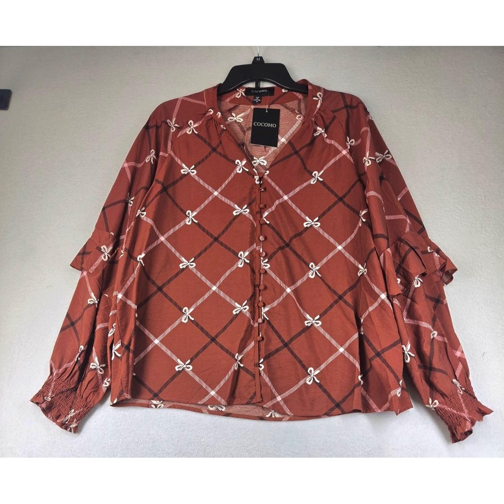 Cocomo Rust Orange Lattice Bow Print Ruffle Sleeve Button Front Blouse Medium